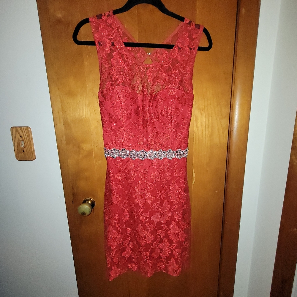 Red Lace and Rhinestone Formal Dress